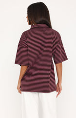 Pure Intent Oversized Short Sleeve Polo Shirt Choc / Pink Stripe