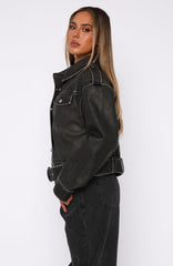 In This World PU Biker Jacket Charcoal Wash
