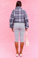 The Social Club Bianca Oversized Zip Front Funnel Neck Jacket Navy Plaid